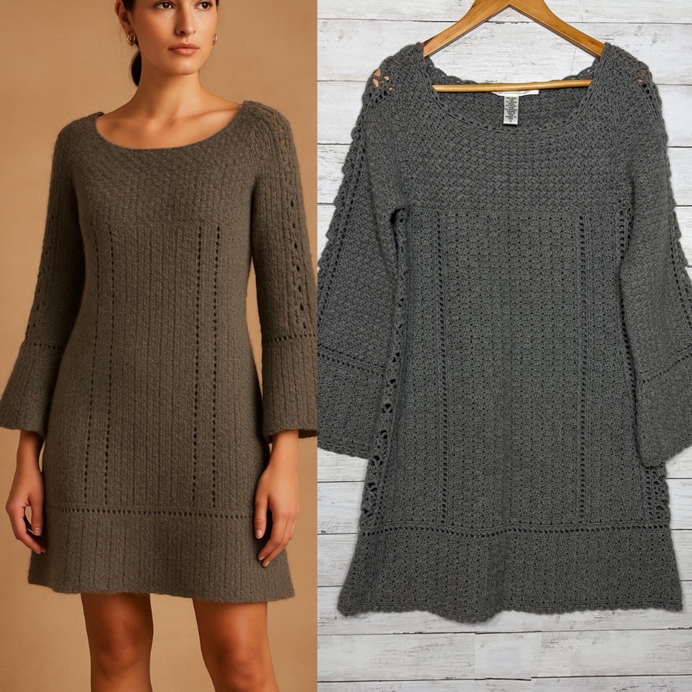 Diane von Furstenberg DVF Gray Wool Mohair Open Knit Sweater Dress Medium